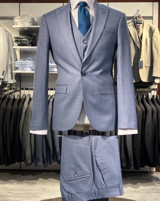 İtalyan Stil Kırlangıç Yaka Yelekli Takım Elbise Mavi 3