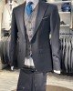 İtalyan Stil Kırlangıç Yaka Çizgi Yelekli Takım Elbise Siyah