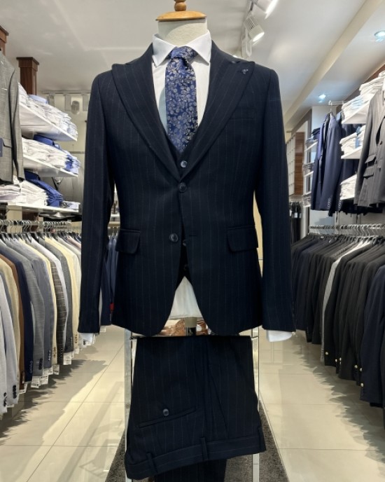 İtalyan Kesim Kırlangıç Yaka Çizgili Ceket Yelek Pantalon Takım Elbise Lacivert