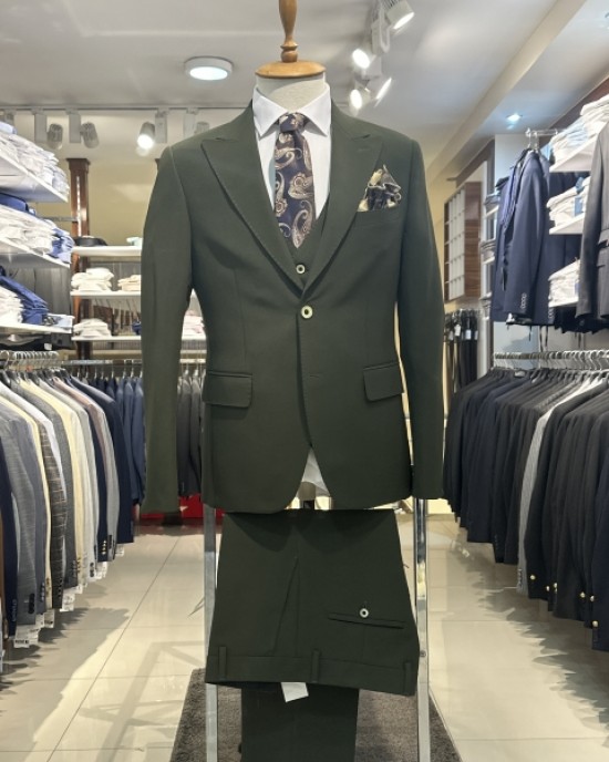 İtalyan Stil Kırlangıç Yaka En Boy Likra Slim Fit Takım Elbise Yeşil