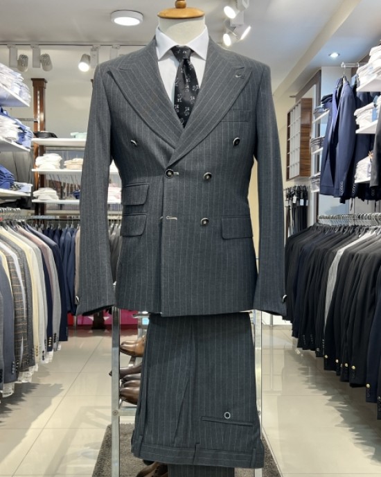 İtalyan Kesim Slim Fit Yün Karışımlı Çizgili Kruvaze Ceket Pantolon Takım Elbise Antrasit
