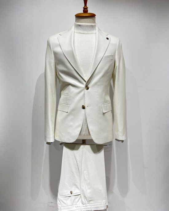 İtalyan Kesim Slim Fit Keten Takım Elbise Beyaz